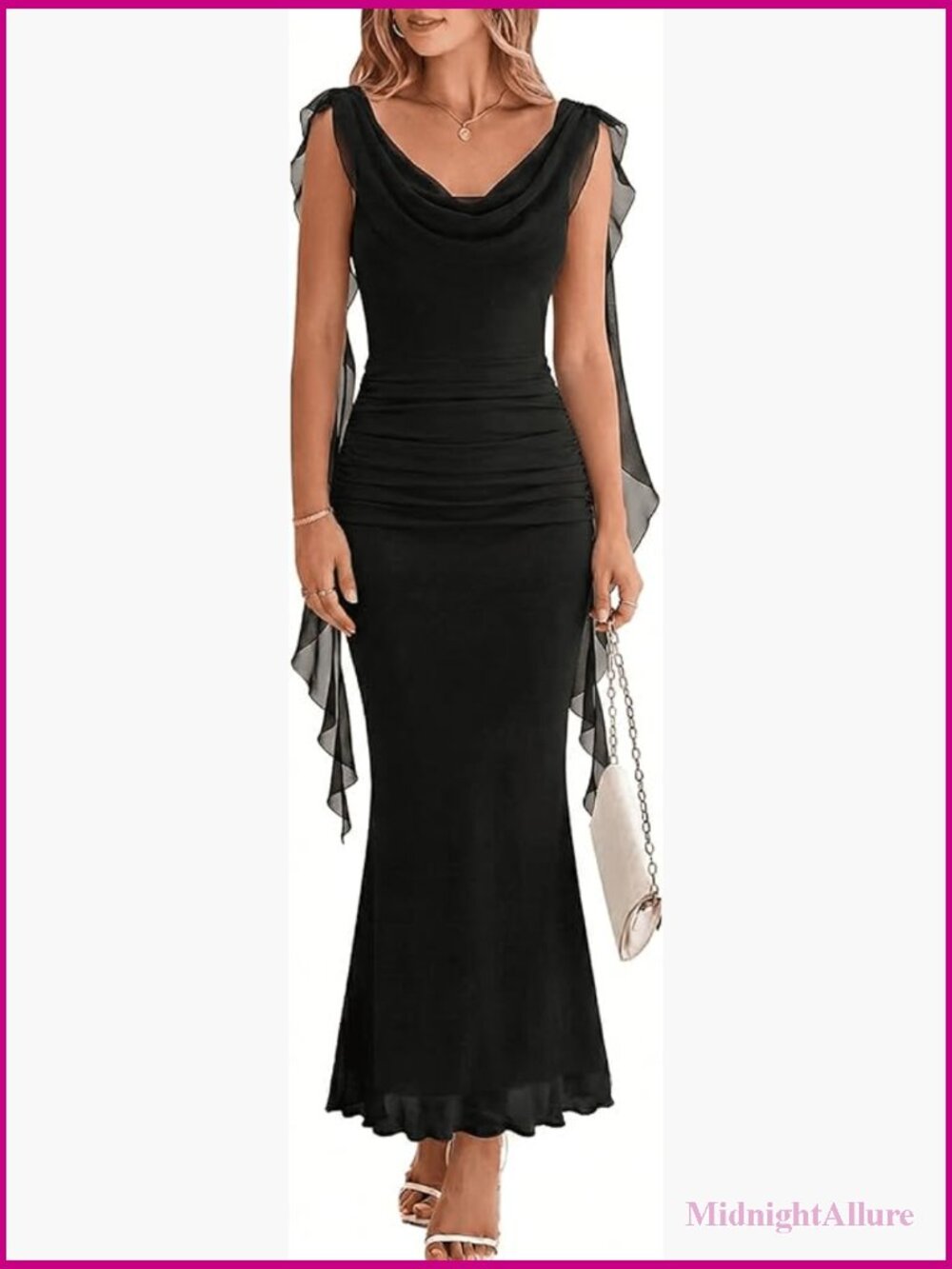 Ruffle Cowl Neck Bodycon Maxi Dress Sleeveless Long Wedding Guest Formal